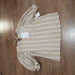 (S) NWT ICHI Elda Blouse Striped Statement Sleeves Keyhole Cutout Cottagecore
